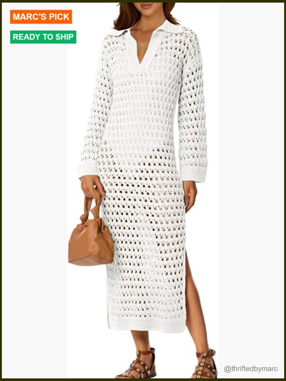 Crochet Swimsuit Cover Up V Neck Long Sleeve Knit Beach Maxi Dress